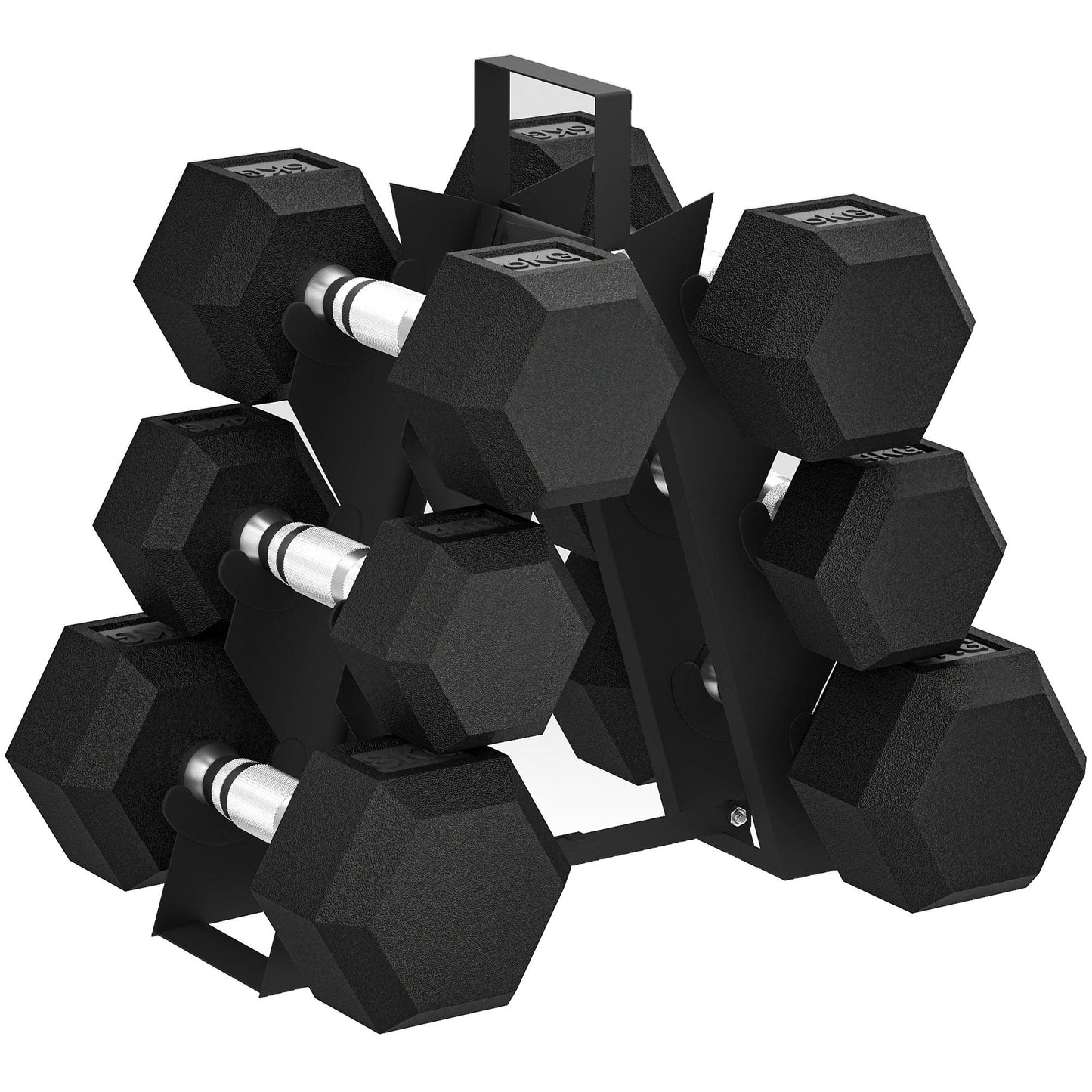 Rubber hex dumbbell set with storage rack included in the Lift and Stretch bundle