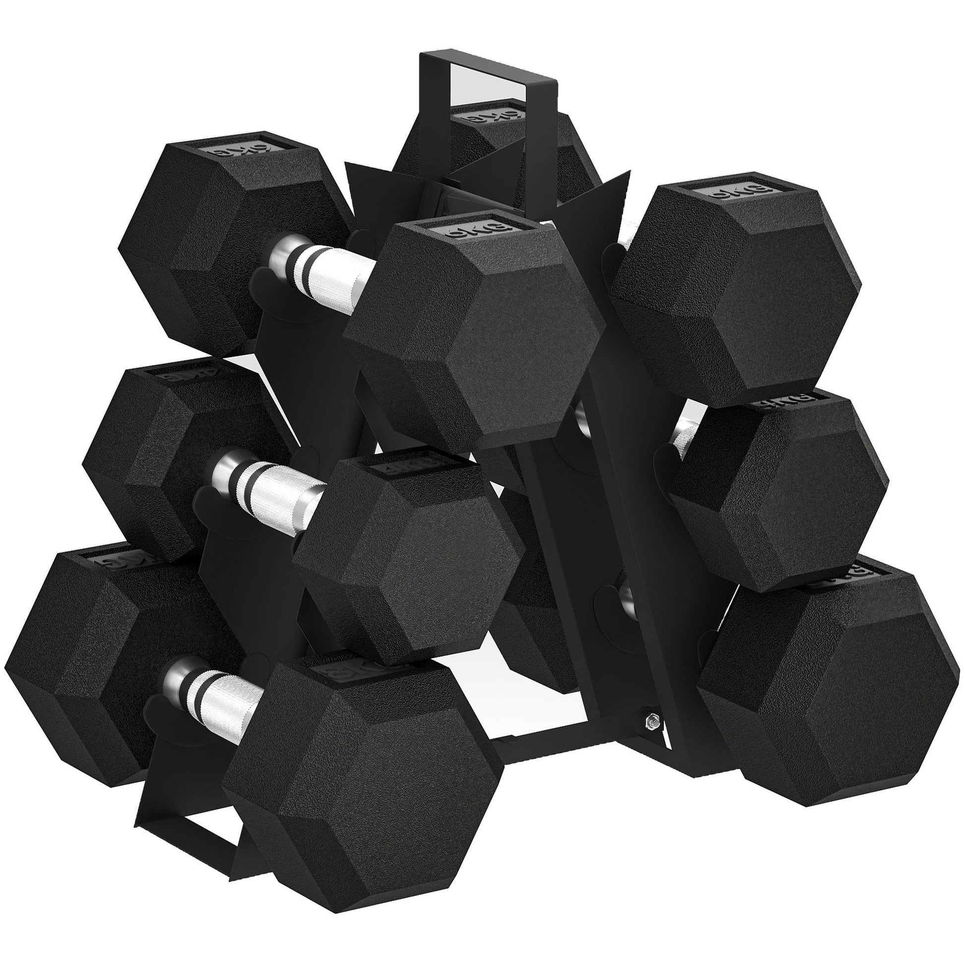 Rubber hex dumbbell set with storage rack included in the Lift and Stretch bundle