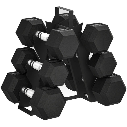 Rubber hex dumbbell set with storage rack included in the Lift and Stretch bundle